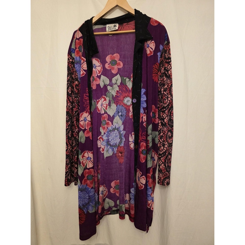 Copa Cabana Jacket Womens 2X Purple Floral Button Front Long Lightweight USA